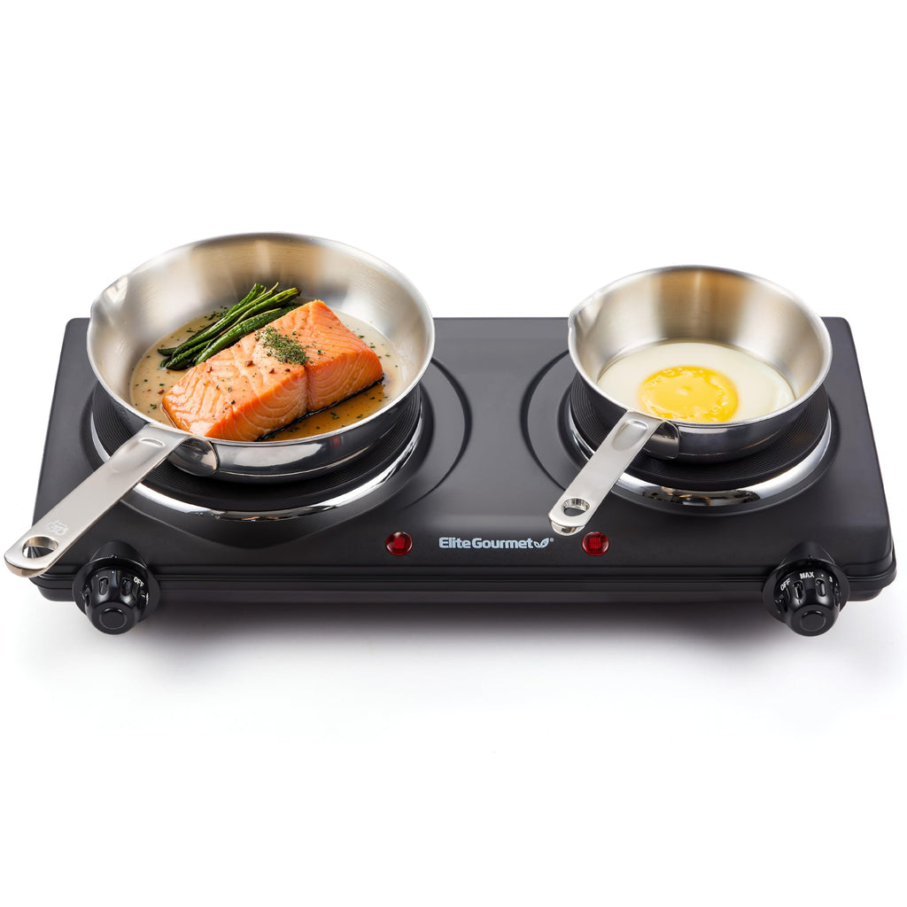 Elite Gourmet Double Cast Iron Burner, 1500W Hot Plate, Adjustable Temp