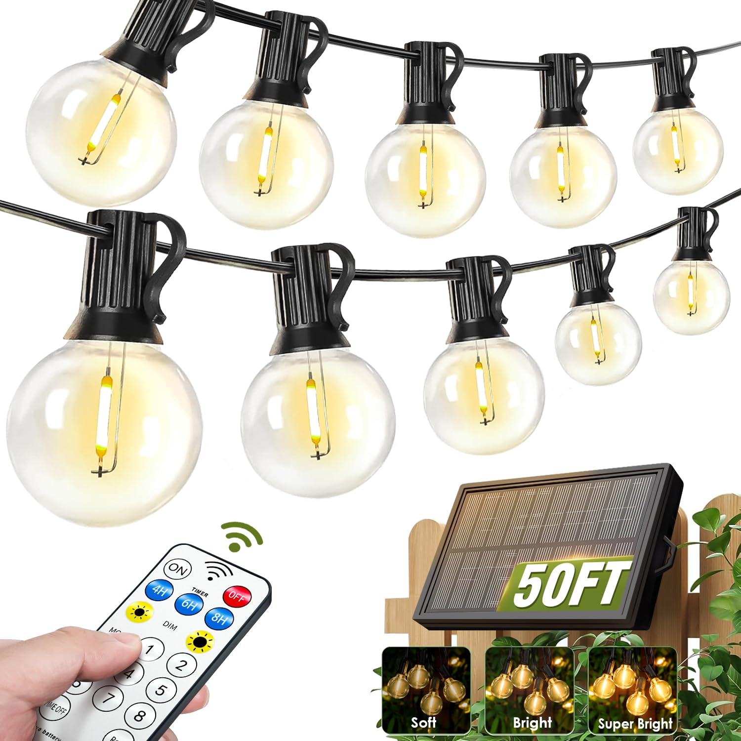 Nisocy Solar String Lights Outdoor Waterproof with Remote & Timer, LED Shatterproof G40 Bulbs, Solar Powered Patio Lights for Christmas, Winter Decor, Backyard, Porch, Garden, Wedding (50FT)