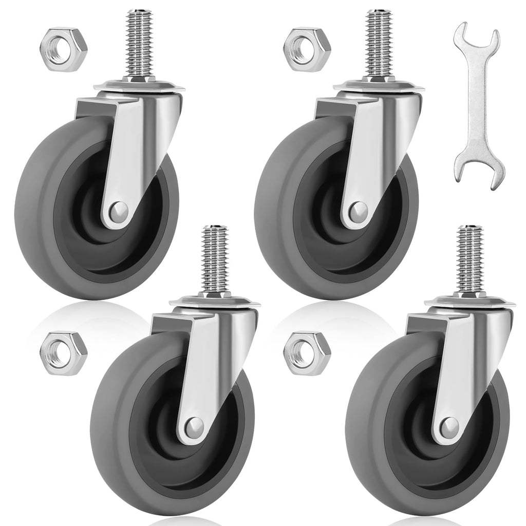 Besitu 4 Inch Caster Wheels, 1/2"-13 Inch Course Threaded Stem Caster Set of 4, Heavy Duty TPR Swivel Caster Wheels for Dolly Cart, Wire Shelving Industrial Screw in Casters