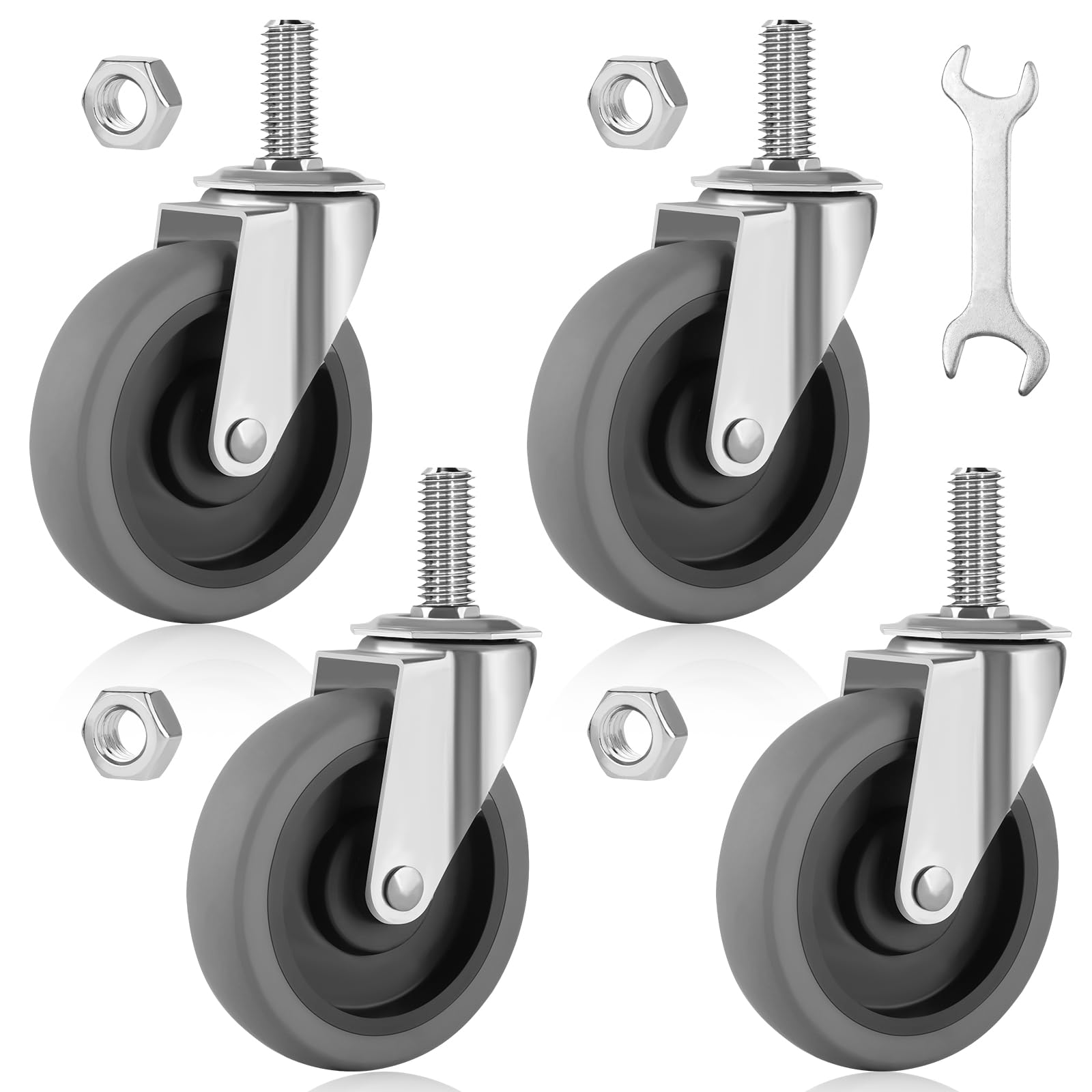 Besitu 4 Inch Caster Wheels, 1/2"-13 Inch Course Threaded Stem Caster Set of 4, Heavy Duty TPR Swivel Caster Wheels for Dolly Cart, Wire Shelving Industrial Screw in Casters