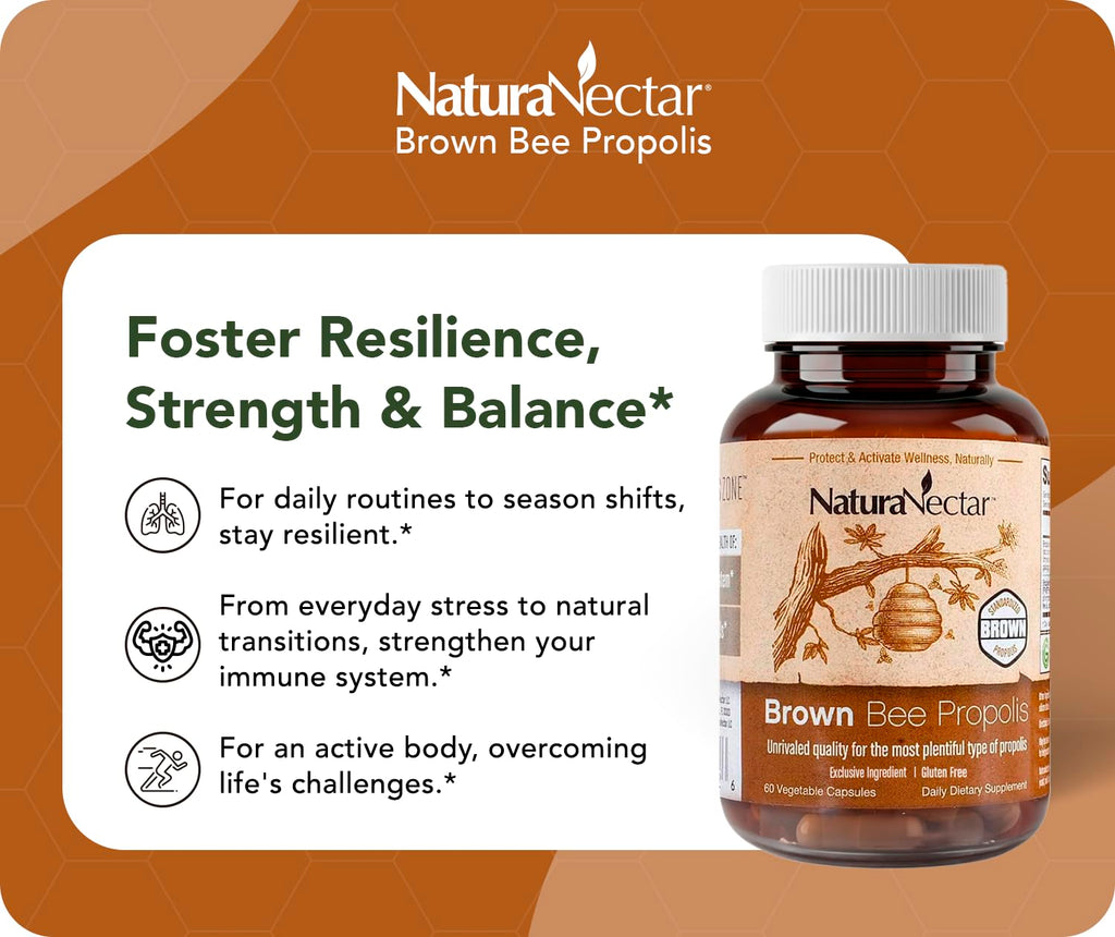 NaturaNectar - Brown Bee Propolis - NSF Contents Certified - Premium Brazilian Propolis - Gluten-Free Supplement with Flavonoids, FLAV-B and PWE - Naturally Sourced Through Ethical Beekeeping (60pcs.)