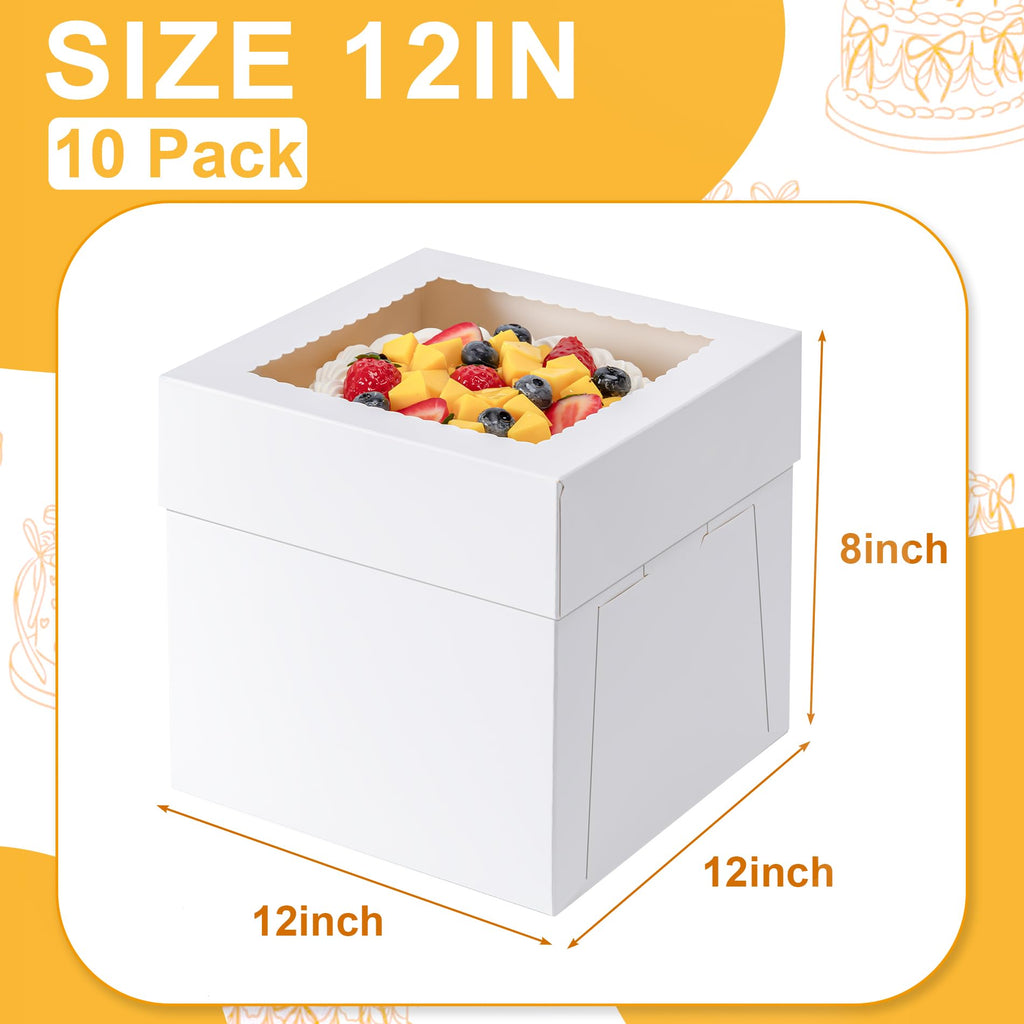 10 Pack Cake Boxes 12 Inch, 12x12x8 Inches Tall Cake Large Box, Disposable Cakes Transport Containers with Lids, Bakery Boxes with Large Window,for Cookies Pies Cupcakes Pastry-Wedding, Birthday,Party