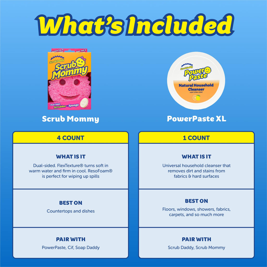 Scrub Daddy Sponges & PowerPaste XL Value Pack - 4 Scrub Mommy Multipurpose Dish Sponges & PowerPaste XL All-Purpose Cleaning Paste - Scratch-Free, Multi-Surface Household Cleaning Supplies Kit (5ct)