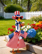 bomis Veterans Day Patriotic Porch Goose Outfits for 23 Inch Lawn Statue – Veteran Tribute Goose Costume with Red Heart Sunglasses, Star‑Striped Top Hat, Handheld American Flag
