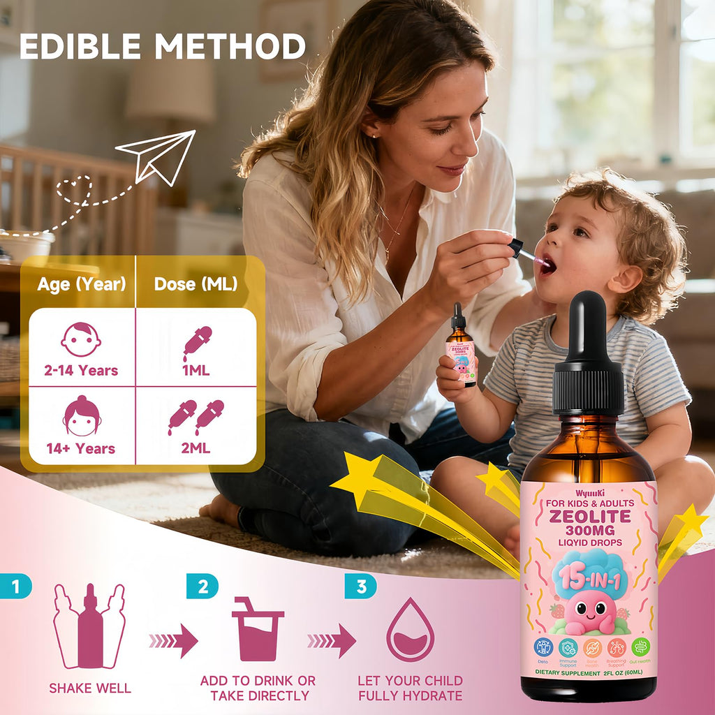 Zeolite Drops 2 Pack Detox for Kids & Adults - 300mg Clinoptilolite, 1000mcg Vitamin B12 C D3, 10 Billion CFU Prebiotics, Seaweed Calcium - Pure Body Cleanse Heavy Metal Gut Energy Bones Immune 120ml