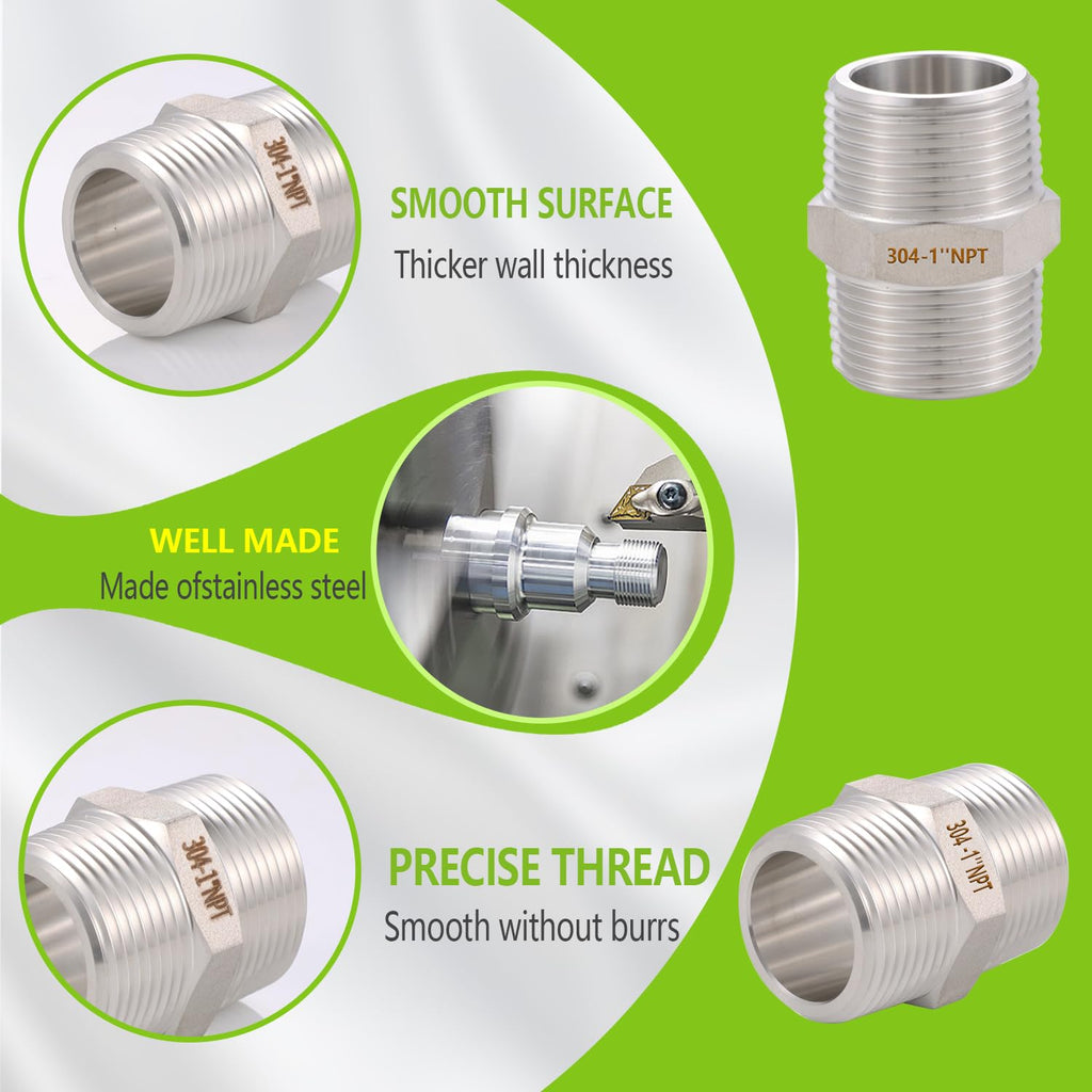 SNUTUYA 4PCS Hex Nipple 1" x 1" Male Pipe Fittings, 304 Stainless Steel 1 inch NPT Threaded Pipe Adapter Fittings, Male Straight Connector Pipe Fitting