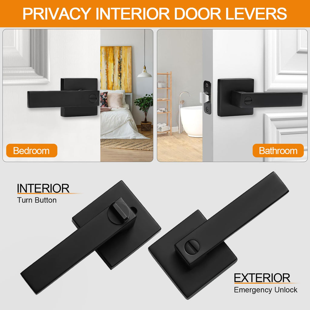 Sopoby 6 Pack Matte Black Door Handles Privacy Door Levers, Keyless Interior Door Knobs Square Door Levers Heavy Duty Door Locks for Bedroom Bathroom, Reversible Flat Levers