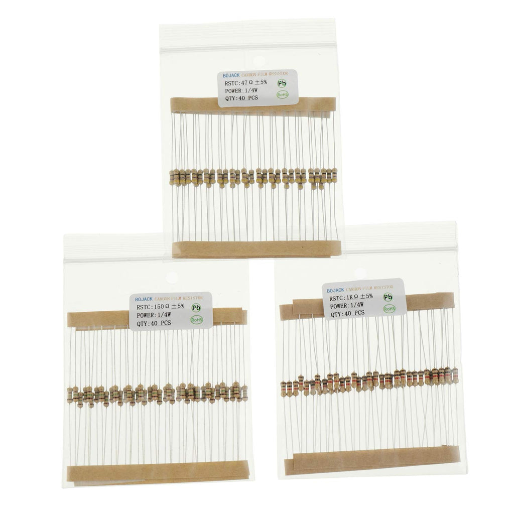 BOJACK 1000 Pcs 25 Values Resistor Kit 1 Ohm-1M Ohm with 5% 1/4W Carbon Film Resistors Assortment