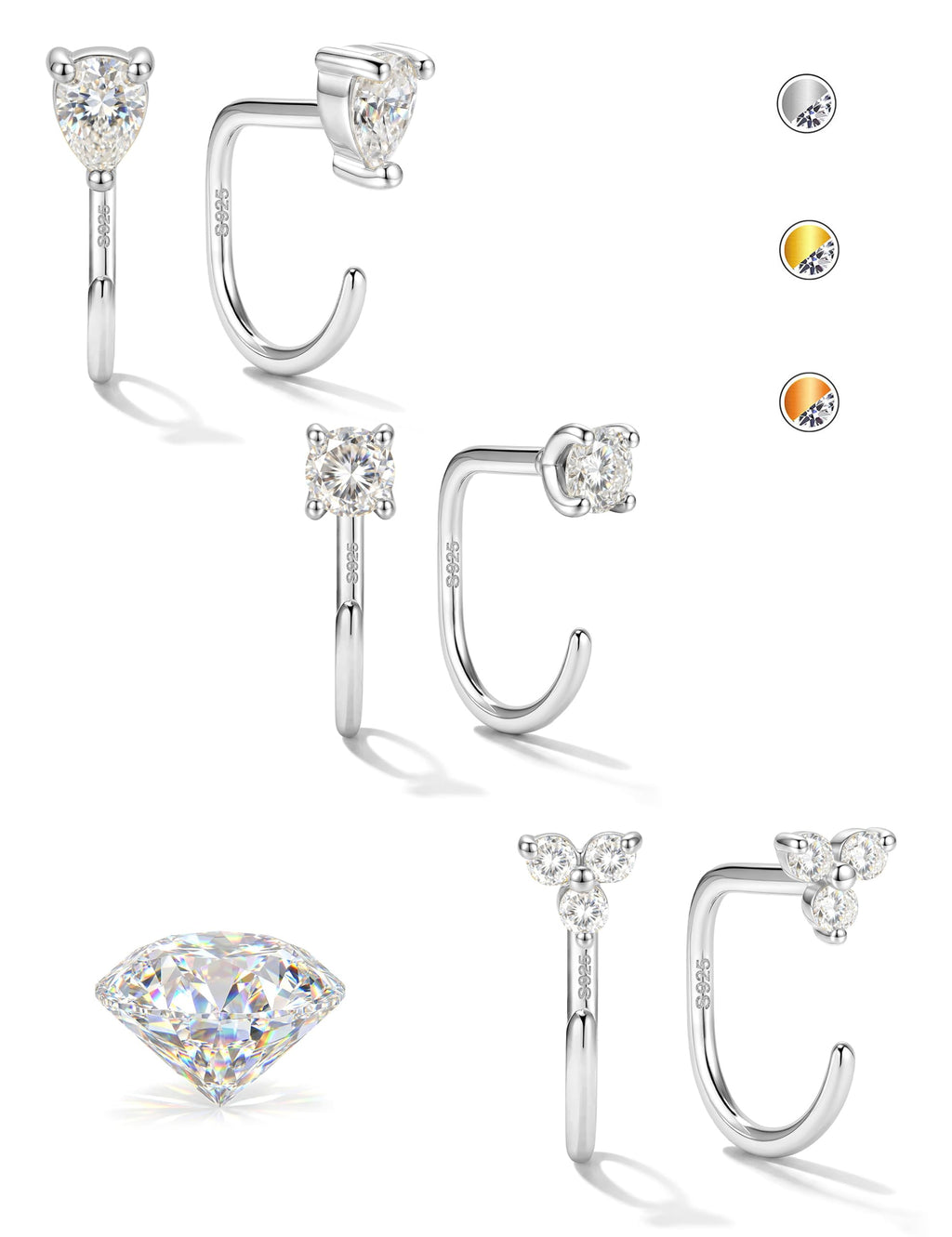 GEMQUEEN 3 Pairs Moissanite Half Hoop Earrings 925 Sterling Silver
