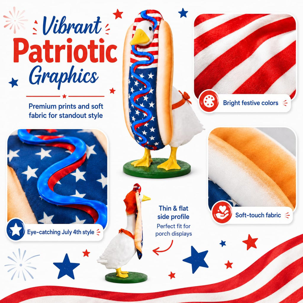4th of July Porch Goose Outfit for 23" H 250th Anniversary Hot Dog Patriotic Goose Clothes American Flag Fits Independence Day Large Cement Statue Outdoor Patio Garden Yard Lawn Costume Decor