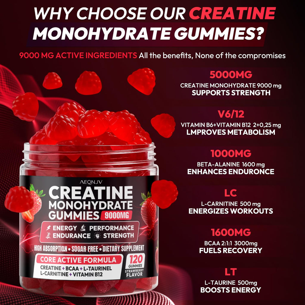 AEQNJV Creatine Gummies Monohydrate Complex 9000MG, Chewable Creatine Monohydrate Gummies for Men & Women with L-Taurine, BCAA 2:1, B12/6, Building Muscle Strength and Boost Focus, 30 Days Supply