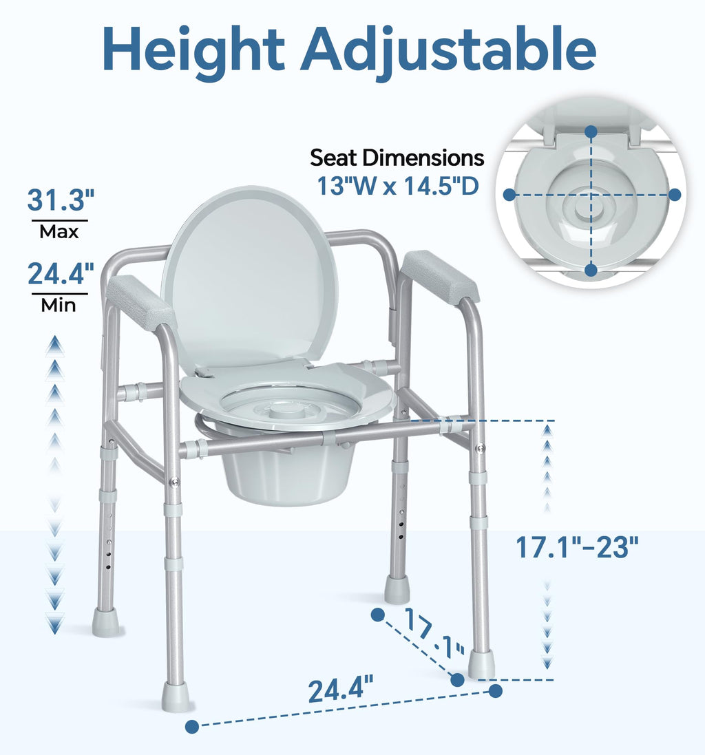 HOMLAND 3-in-1 Bedside Commode Chair with Sturdy Dual-Crossbar Support Construction, Stable Portable Commode Toilet with 7.5Qt Potty Bucket, 350 Lbs Bedside Commodes for Seniors, Silver