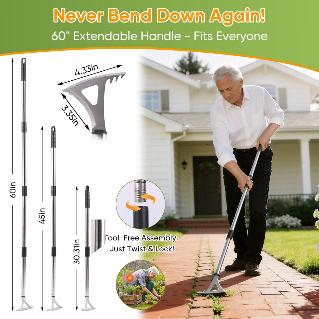 EOMEOH Crack Weeder, 3-in-1 Stainless Steel Weeding Tool with 60" Long Handle - Stand Up Weeder for Driveway, Sidewalk & Deck Crevices - No Bending, Tool-Free Assembly