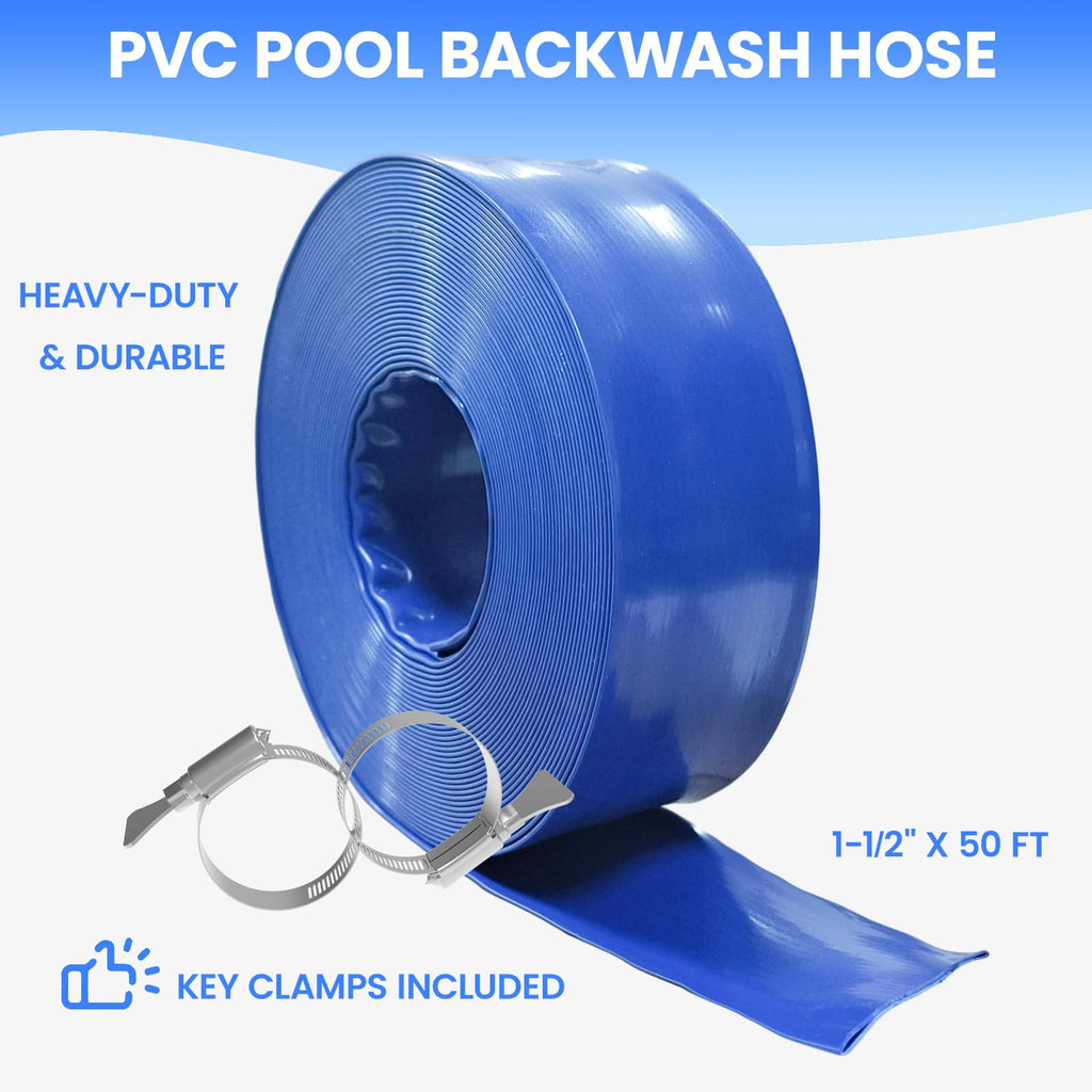 Poolvio Backwash Hose 1-1/2" x 50 ft, Blue Lay-Flat PVC Discharge Hose with 2 Stainless Steel Thumb Screw Clamps, Leak-Free for Swimming Pool Filter Cleaning, Flooded Area, Pond Draining
