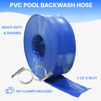 Poolvio Backwash Hose 1-1/2" x 50 ft, Blue Lay-Flat PVC Discharge Hose with 2 Stainless Steel Thumb Screw Clamps, Leak-Free for Swimming Pool Filter Cleaning, Flooded Area, Pond Draining