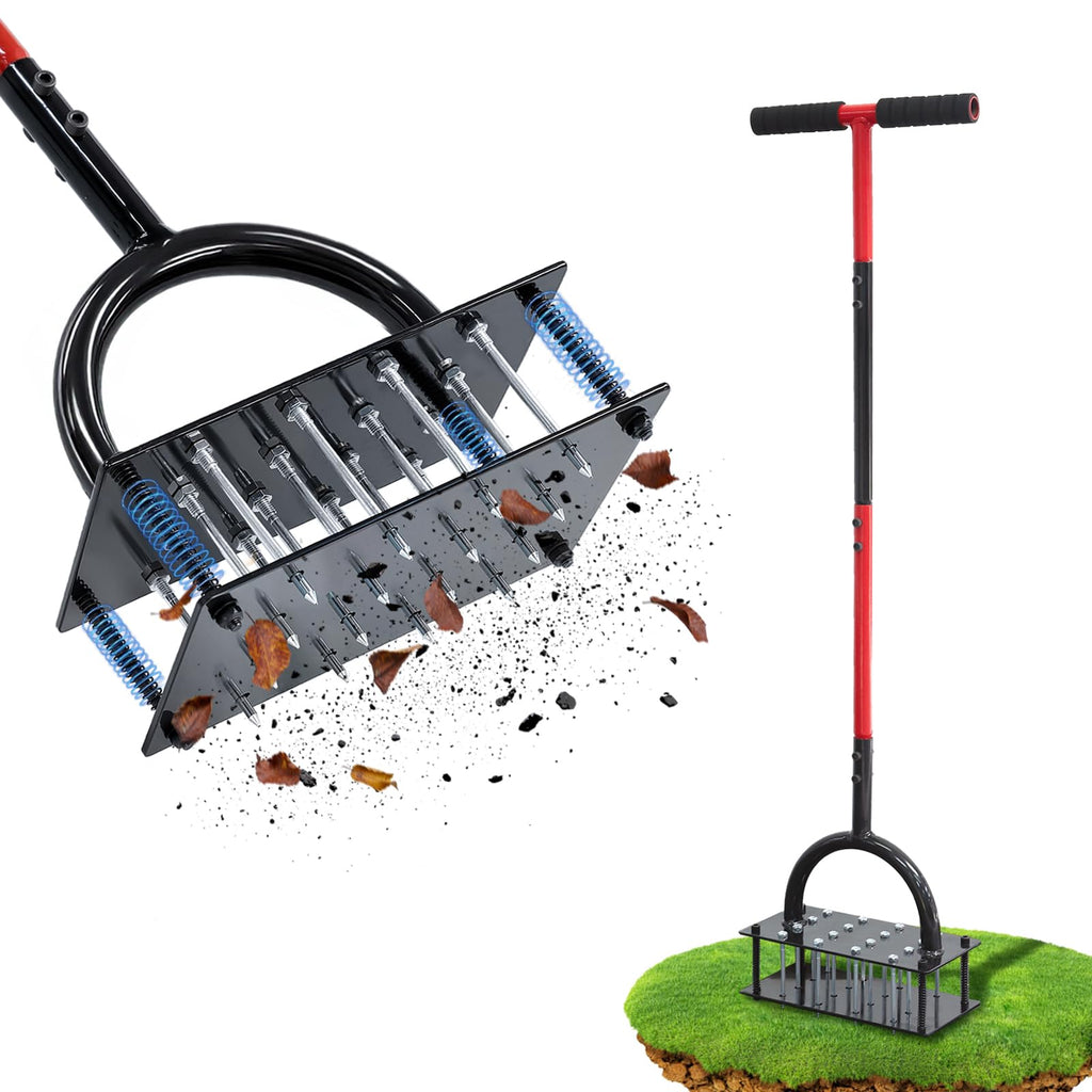 Lawn Aerator Tool, 16 Iron Spikes Manual Grass Aerator Lawn Tool with Spring-Loaded Design & Adjustable T-Handle, Automatic Leaf and Dirt Cleaning Yard Aerator for Loosening Soil Aerating Patio Garden