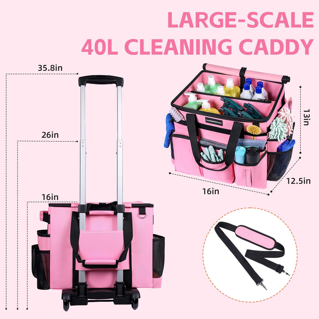 Extra Large Rolling Cleaning Caddy Bag with Wheels, Cleaning Baskets Bags with Detachable Trolley For Housekeepers , Water Resistant Cleaner Supplies Organizer with Wheels for Kitchen, Car