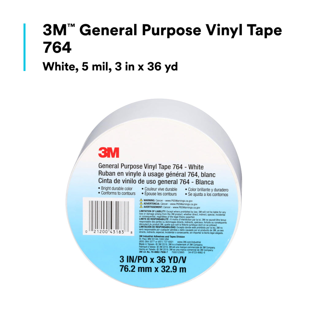 3M Vinyl Tape 764, General Purpose, 3 in x 36 yd, White, 1 Roll, Light Traffic Floor Marking Tape, Social Distancing, Color Coding, Safety, Bundling