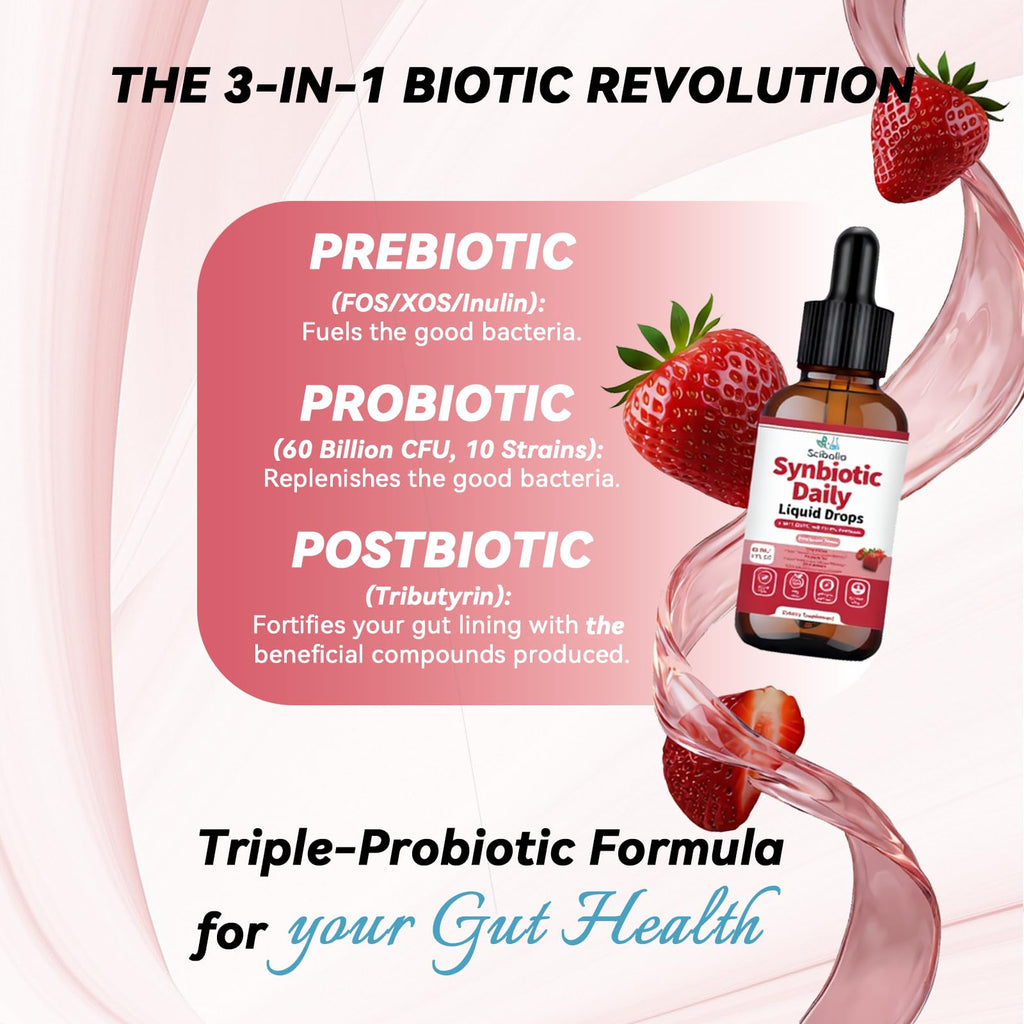 Synbiotic Probiotic Prebiotic Post -biotic Liquid Drops, Advanced 3-in-1 60 Billion CFU 10 Strains w/Immune Tributyrin Postbiotic for Gut Health & Digestive Support, Daily Complete Immune, Women Men