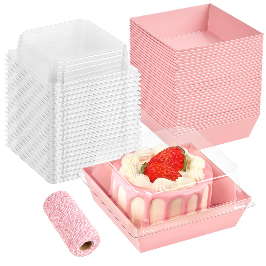 ZORRITA 50 Pack Small Pink Paper Charcuterie Boxes with Clear Lids, 4 Inches Disposable Sandwich Boxes Square To Go Food Containers for Desserts, Strawberries, Cake Slice and Cookies