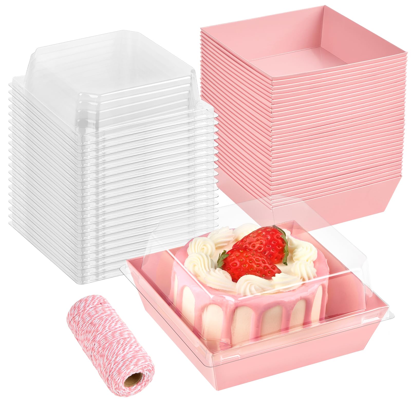 ZORRITA 50 Pack Small Pink Paper Charcuterie Boxes with Clear Lids, 4 Inches Disposable Sandwich Boxes Square To Go Food Containers for Desserts, Strawberries, Cake Slice and Cookies