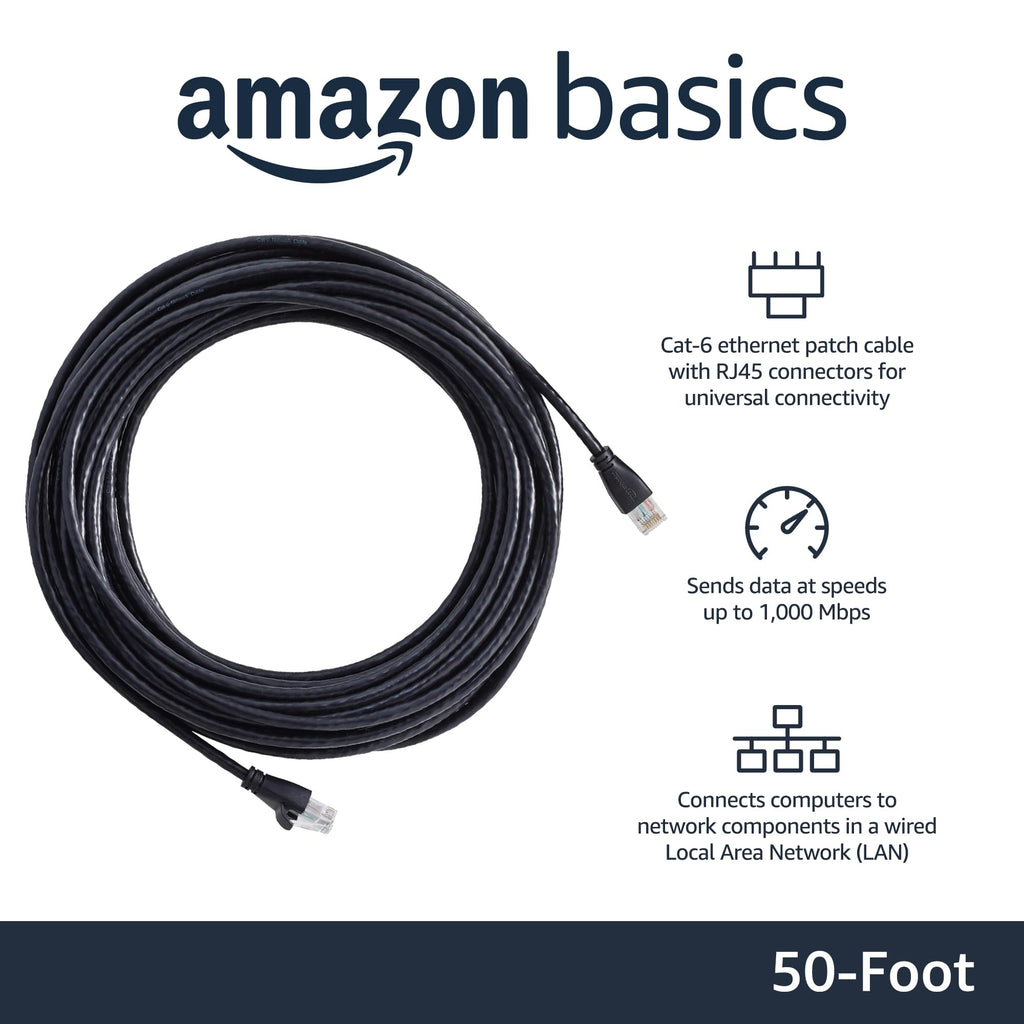 Amazon Basics RJ45 Cat-6 Ethernet Patch Internet Cable, 1Gbps Transfer Speed, Gold-Plated Connectors, 50 Foot, for PC, TV, Tablet, Router, Printer, Black