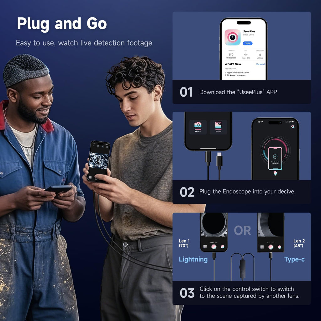 Endoscope Camera with Light, Dual-Lens 1920P HD Borescope with 8+1 Adjustable LED Lights, IP67 Waterproof Inspection Camera 16.5FT Semi-Rigid Snake Camera for iOS & Android (2 Interface)