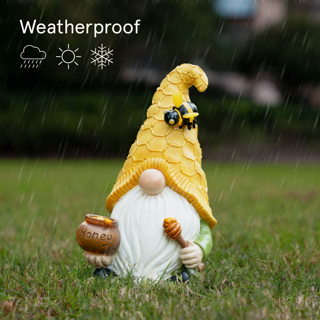 LA Jolie Muse 11.3'' Solar Gnomes Garden Statues-Resin Bee Garden Gnomes Figurine Holding Honey Jar with Solar Lights, Outdoor Gnomes Decorations for Yard Patio Lawn Porch, Garden Gifts for Mom