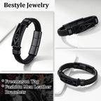 Bestyle Solid Black Freemason Symbol Masonic Leather Braided Bracelets for Men Vintage Cuff Bangle Bracelets Wrist Leather Band With Study Clasp