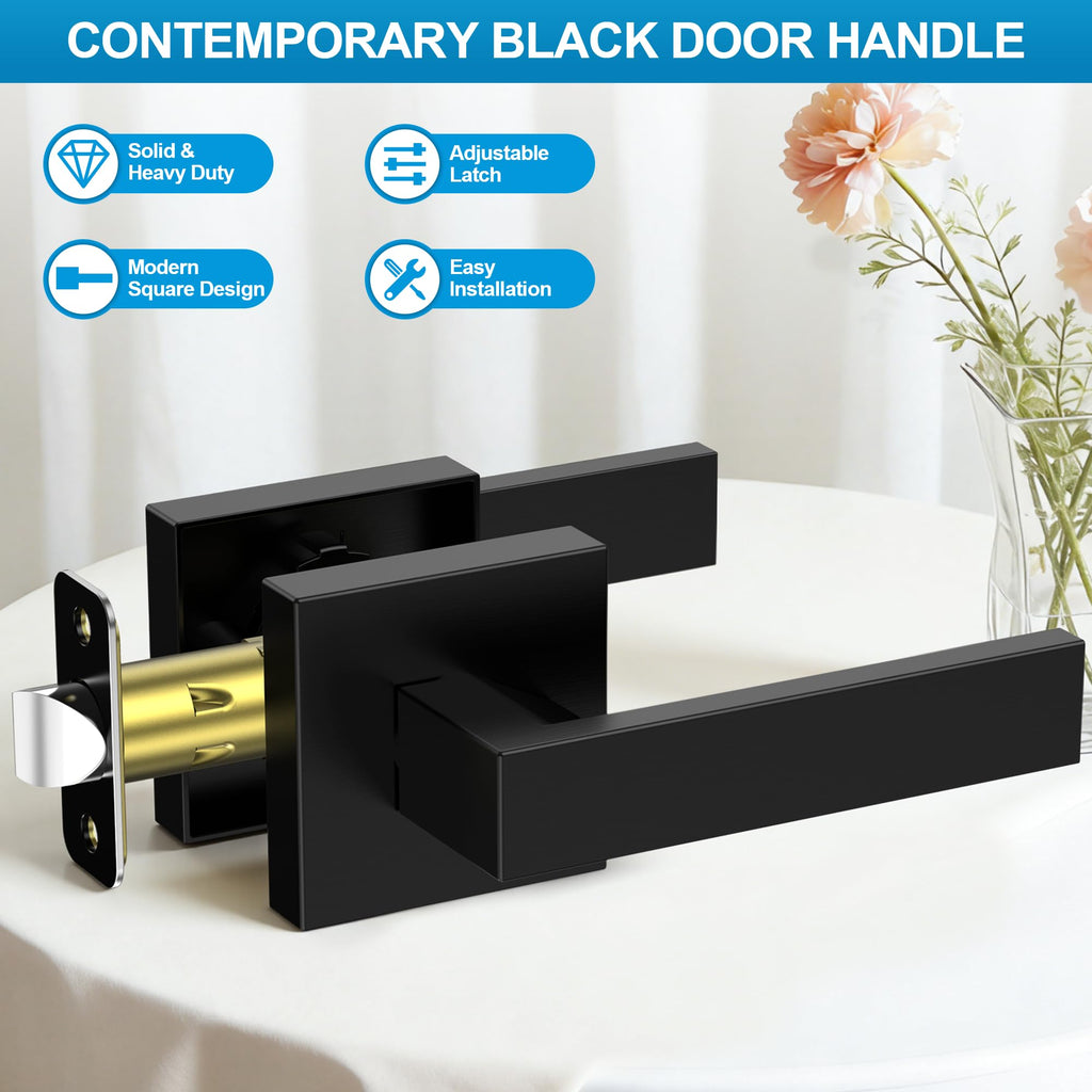 Plustool 10 Pack Matte Black Door Handles Interior, Passage Door Knobs Closet Door Levers for Hallway, Heavy Duty Square Doorknob Non-Locking Handlesets for Left & Right Sided Doors