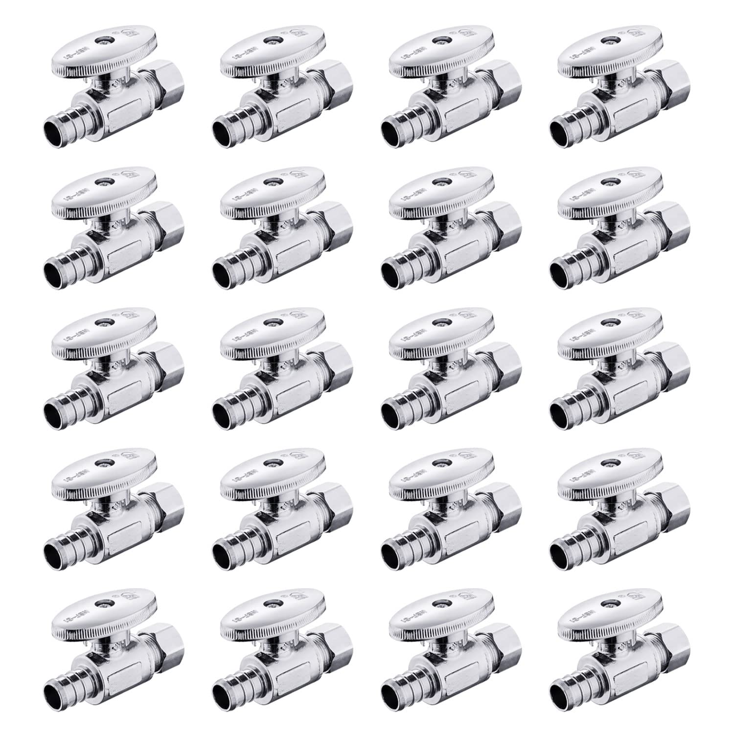 20-Pack EFIELD 1/4 Turn Straight Stop Valve 3/8" OD Compression X 1/2" Crimp Barb Pex Chrome Plated Brass,(VALVE085-20PCS)