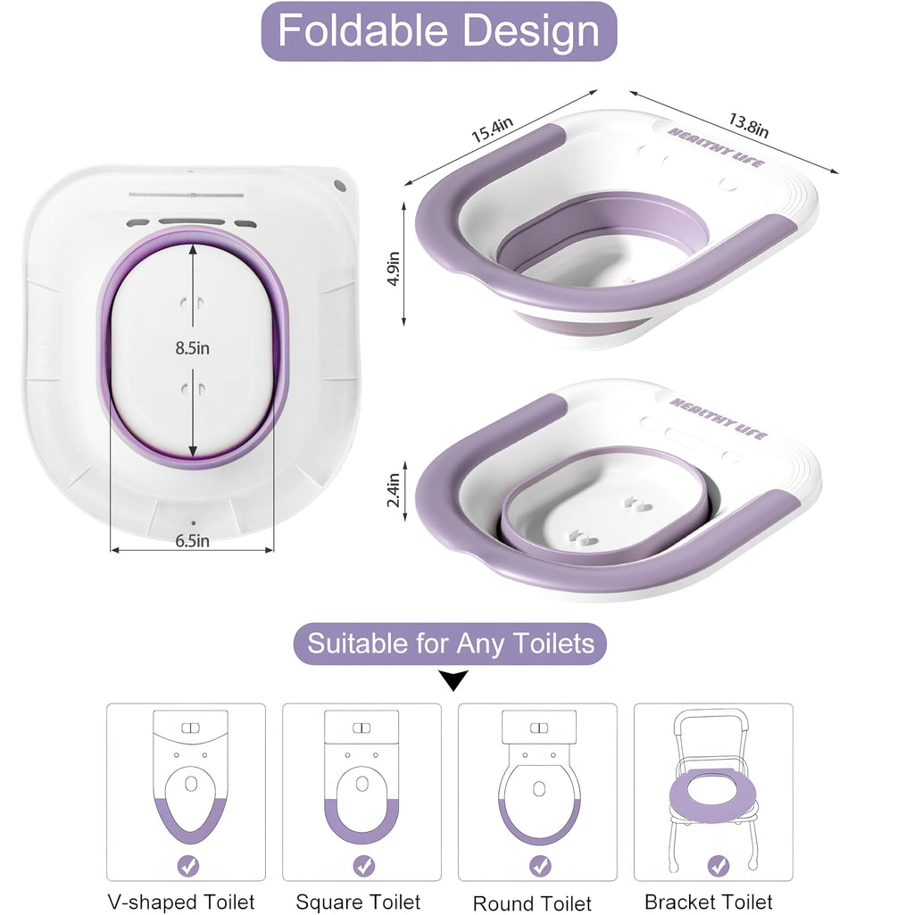 Electric Sitz Bath, Unisex Foldable Sitz Bath for Toilet Seats, Sitz Bath for Postpartum Care and Hemorrhoids, Non-Slip & High Water Flow (Purple)