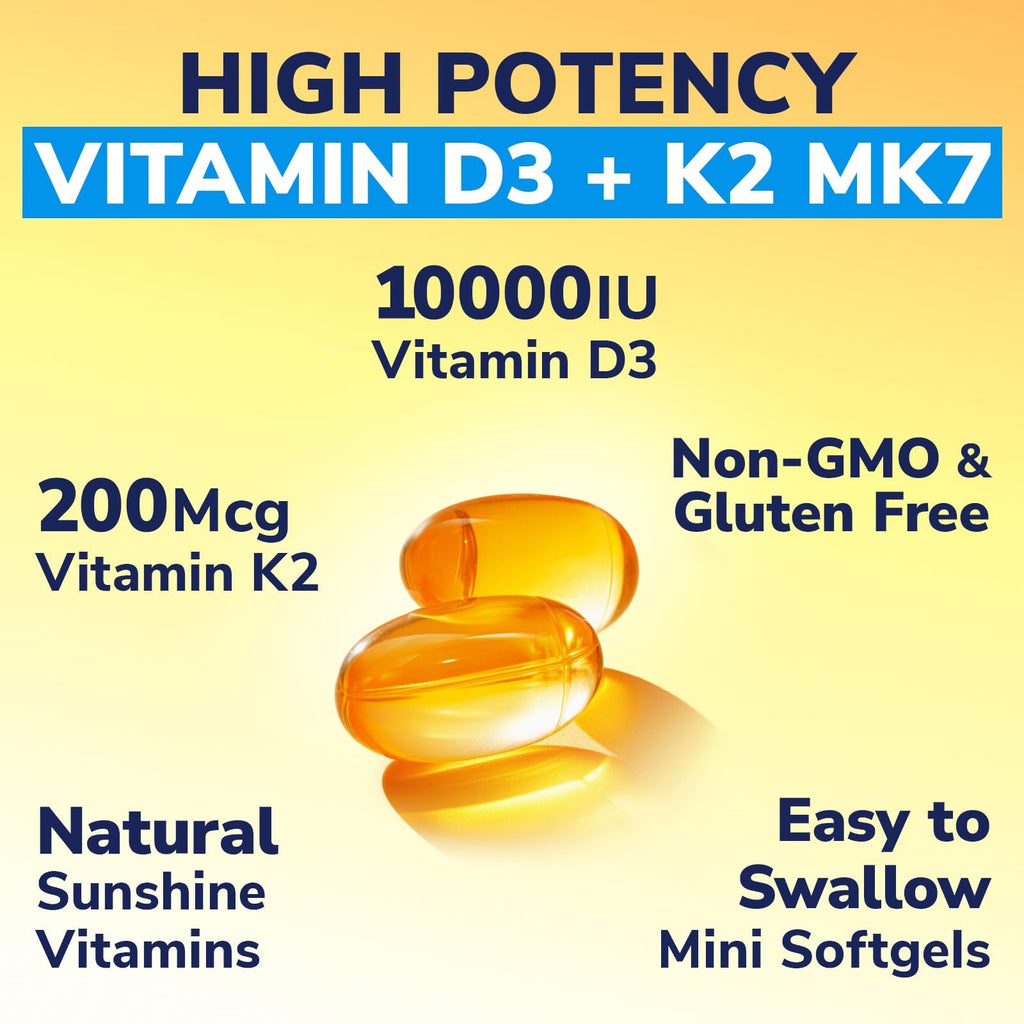 Vitalibre Vitamin D3 K2 Supplement, 10000 IU D3 / 200 mcg K2 MK7, Calcium Absorption, Bone, Heart, Immune & Mood Support, Enhanced Absorption, No Soy, Easy to Swallow, 180 Softgels