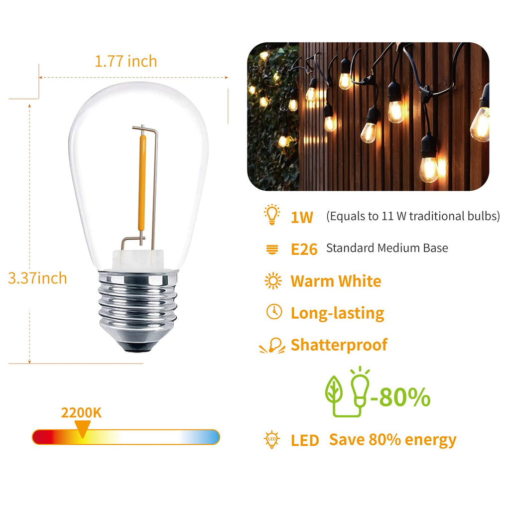 VISTERLITE 30 Pack S14 Edison Light Bulbs, Shatterproof LED Replacement Bulbs for String Lights, Patio Low Wattage LED Filament Clear Bulb, E26 Medium Base, Warm White 2200K, Non-Dimmable