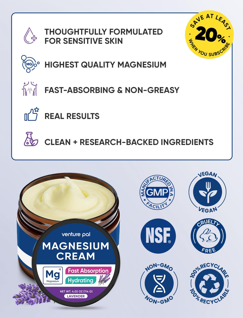 Venture Pal Topical Magnesium Cream, Fast-Absorbing Magnesium Moisturizing Lotion with Coconut Oil, Shea Butter & Hyaluronic Acid, Suitable for Kids