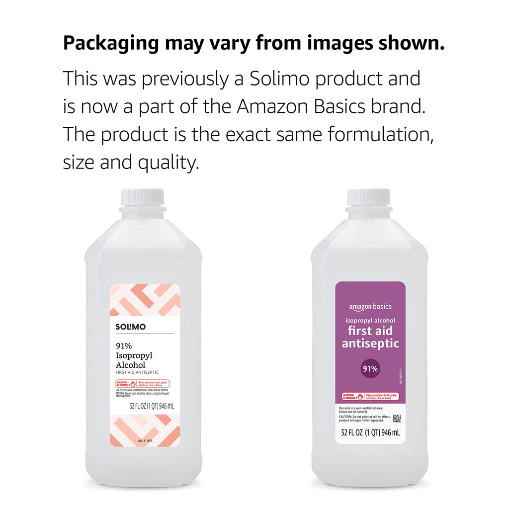 Amazon Basics Isopropyl Alcohol 91% First Aid Antiseptic, Multipurpose Disinfectant for Minor Cuts and Scrapes, Unscented, 32 fl oz Bottle, Pack of 1 (Previously Solimo)