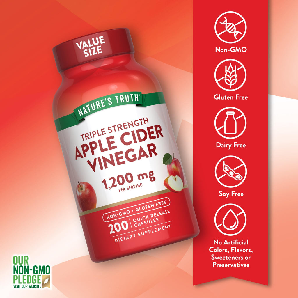 Nature's Truth Apple Cider Vinegar Capsules | 1200mg | 200 Pills | Extra Strength | Value Size | Non-GMO, Gluten Free Supplement