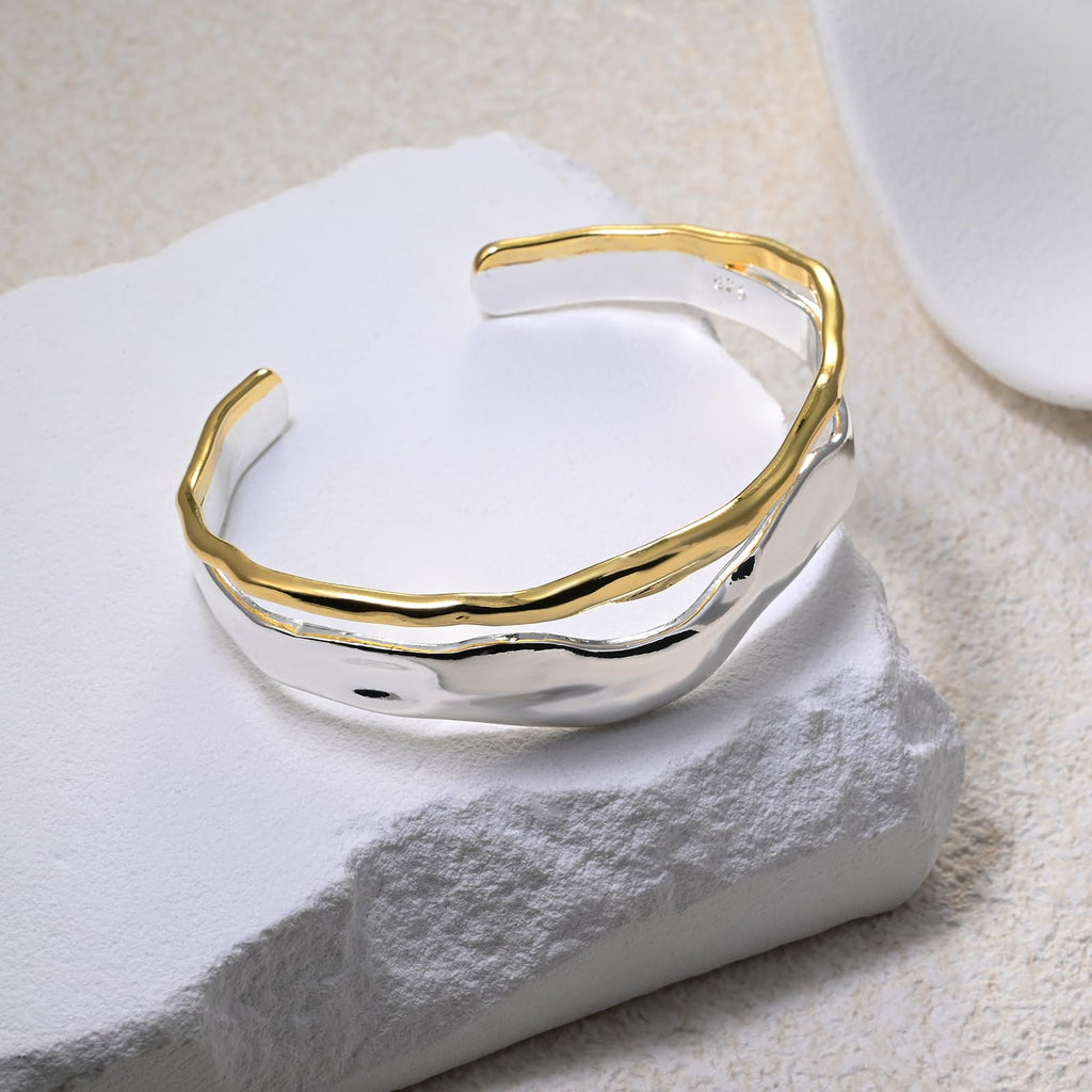 Desnuage Chunky Gold and Silver Cuff Bracelets Sterling Silver Two Tone Open Bangles Double Layer Irregular Wave Hammered Texture Bracelet for Women