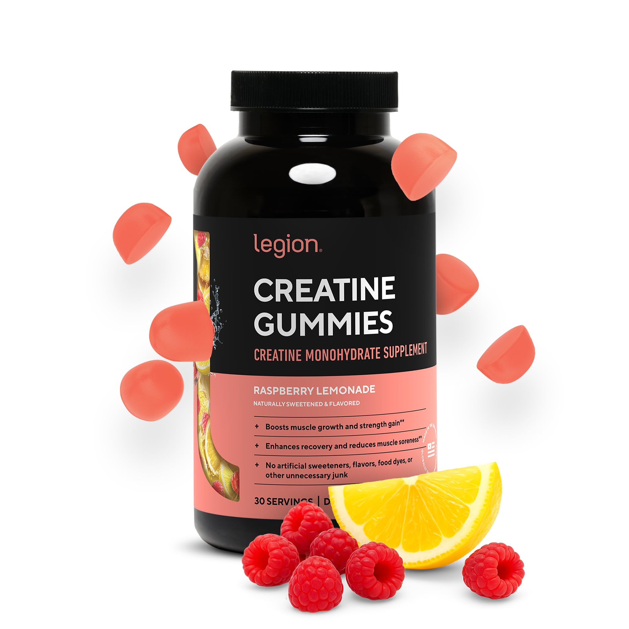 LEGION Creatine Monohydrate Gummies – Clean Chewable Creatine Supplement for Strength, Endurance & Muscle Recovery – 30 Sour Raspberry Lemonade Servings – No Artificial Flavors or Sweeteners