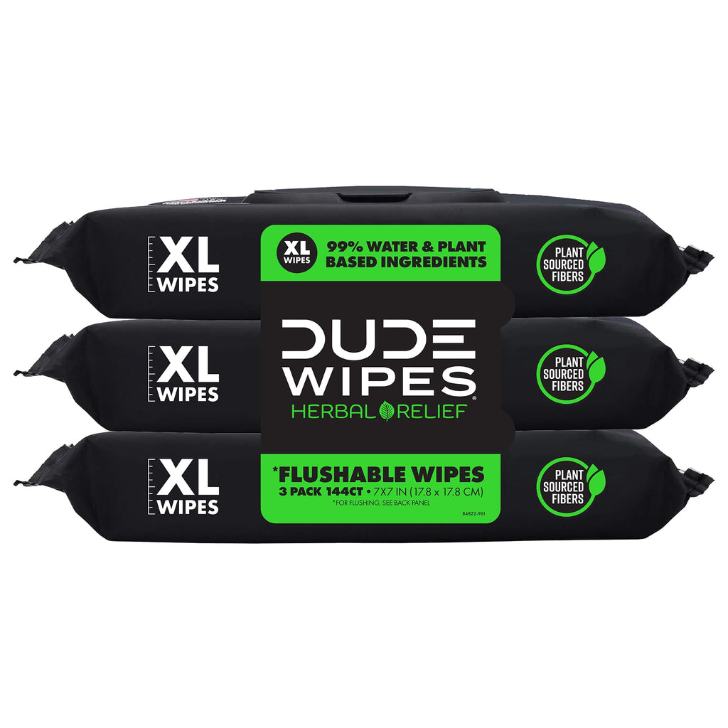 DUDE Wipes Herbal Relief Flushable Wipes - Extra-Large Adult Wet Wipes - 12 Pack (144 Count) - Infused with Soothing Witch Hazel, Geranium Essential Oils, Vitamin E, and Aloe - Septic and Sewer Safe