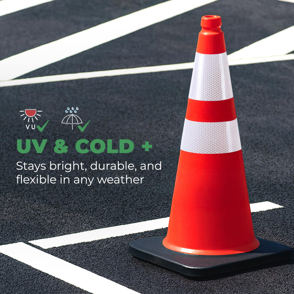 EconoHome 28-Inch Tall, 8-Pack Reflective Traffic Cones - 5.3 lbs Weighted Orange Safety Cones for Parking Lot, Traffic Control, Construction, Road Safety - Heavy Duty Square Base, Flexible PVC
