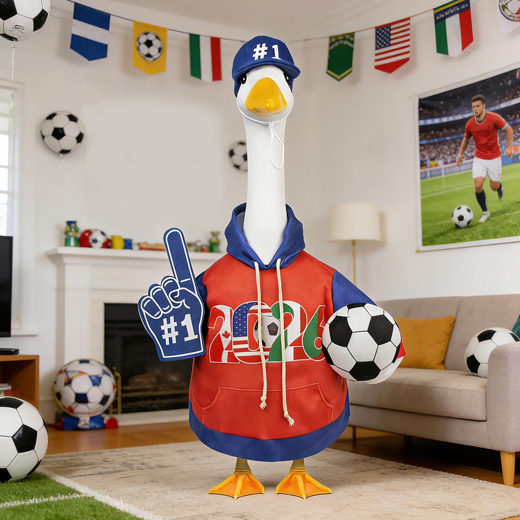 APHIUFR Soccer Themed Porch Goose Outfits,2 Pcs Adorable Goose Clothes Set with Hat,Ball & Foam Finger,Fits 23" Lawn Goose Statue Game Day Goose Costume for Garden Patio Yard Outdoor Decor