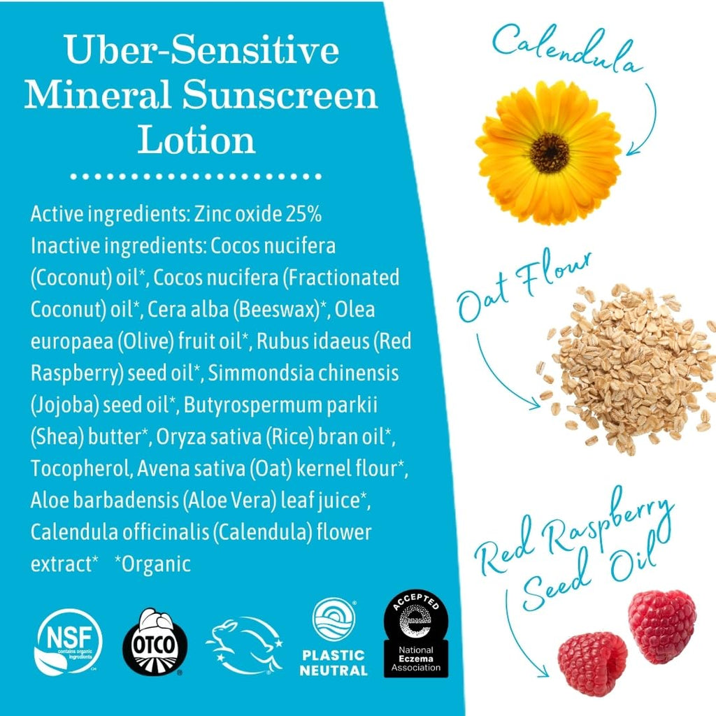 Earth Mama Uber-Sensitive Mineral Sunscreen Lotion SPF 40 | Non-Nano Zinc, Contains Organic Colloidal Oatmeal | Steroid-Free Eczema Cream for Baby, Kid & Family, 3-Ounce