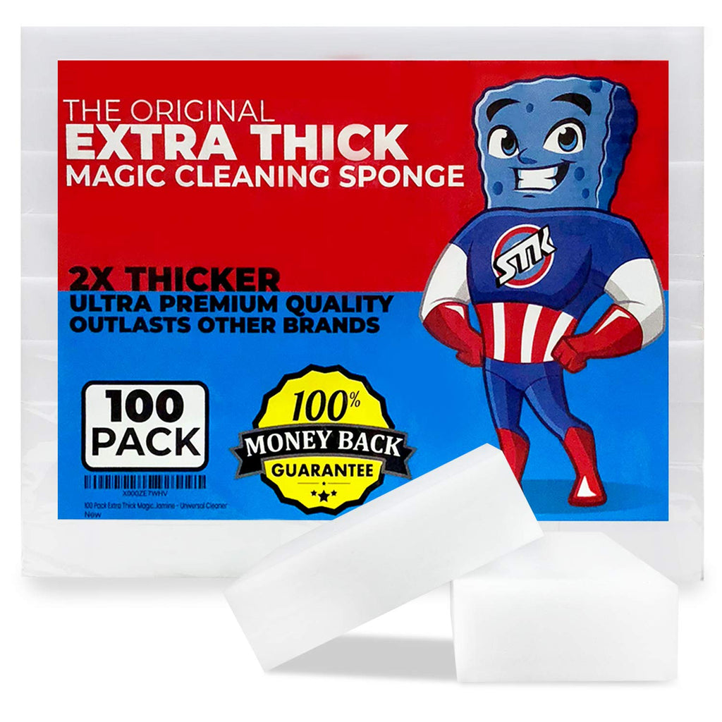 100 Pack Extra Thick Magic Cleaning Sponges - Eraser Sponge for All Surfaces - Double Thickness - Kitchen-Bathroom-Furniture-Leather-Car-Steel - Just Add Water - Melamine - Universal Cleaner