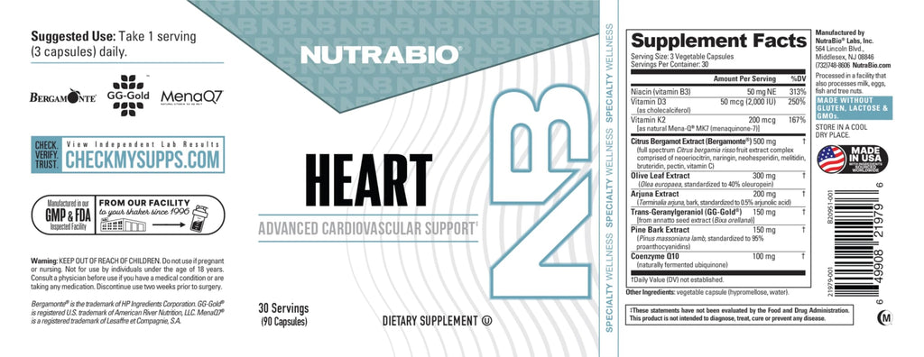 NutraBio Heart - Heart Health Supplements, Cardiovascular Supplement, Cholesterol, Circulatory & Healthy Blood Pressure Support - 90 Capsules