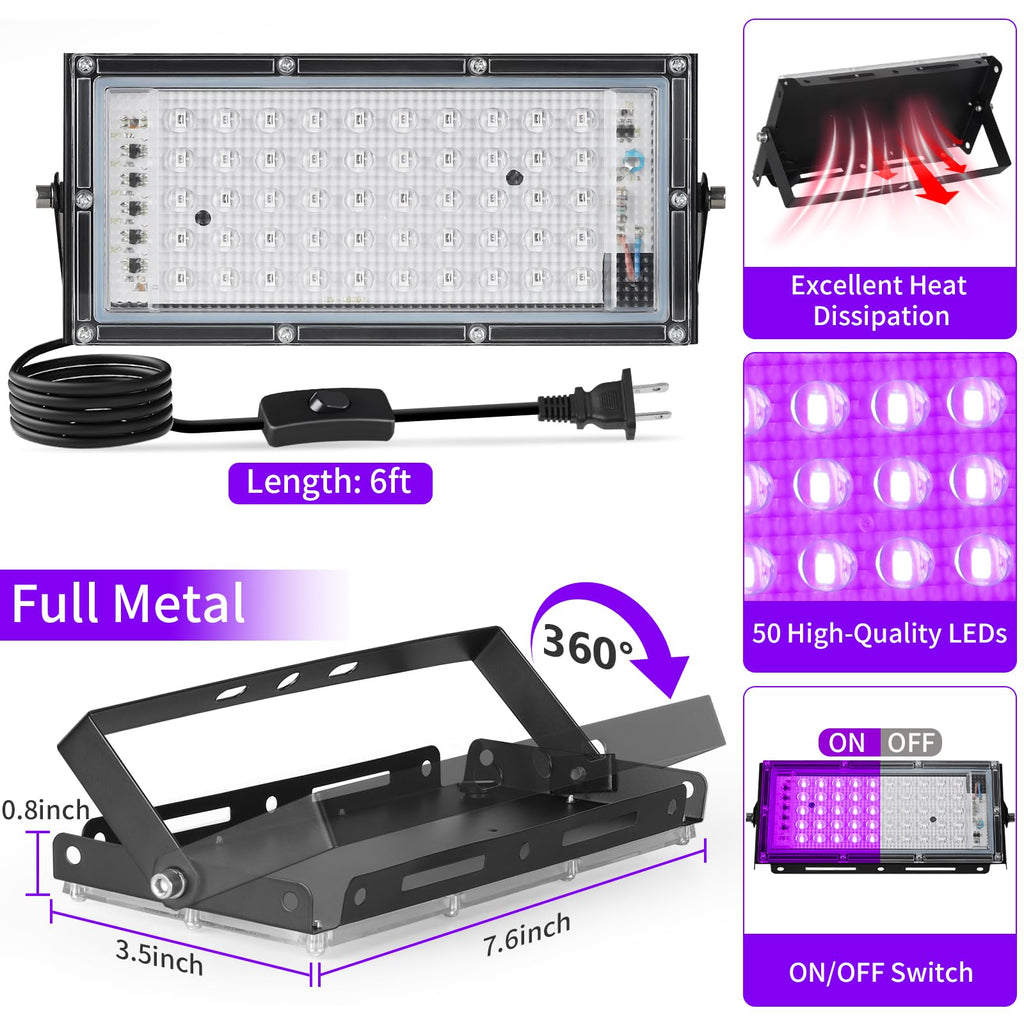 YAYIT 50W Black Lights LED with Switch+Plug, IP66 Waterproof, 2 Pack