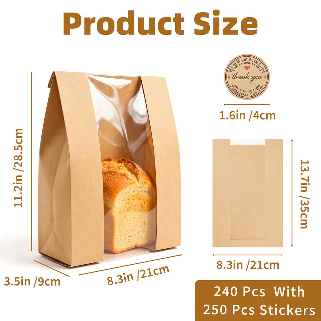 Homrelaxy 240pcs Paper Bread Bags for Homemade Bread, Sourdough Bag with Window, 13.7 x 8.3 x 3.5 Inch Large Brown Kraft Bakery Bags for Storing Loaves & Snacks, Includes 250 Sealing Stickers