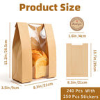 Homrelaxy 240pcs Paper Bread Bags for Homemade Bread, Sourdough Bag with Window, 13.7 x 8.3 x 3.5 Inch Large Brown Kraft Bakery Bags for Storing Loaves & Snacks, Includes 250 Sealing Stickers