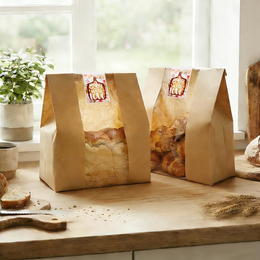 HiCivan 15.7x10.2x5.1in Extra Large Paper Bread Bags for Homemade Bread with Window&Sticker for Supersized Sourdough Bread, Oversized Bread Loaf, Baked Goods, Packaging for Gifting-Brown Kraft 50Pcs