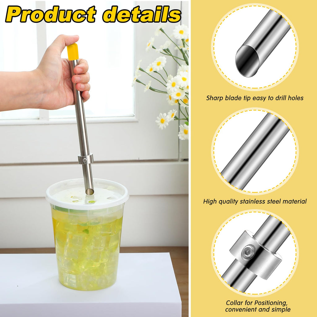 Lasnten 2 Pack Straw Puncher for Plastic Lids Lemonade Cups, Stainless Steel Straw Hole Puncher Punching Tools for Cafe Drinks Deli Container Squeezed Fresh Lemonade Stand Supplies (8.7 Inch,Yellow)